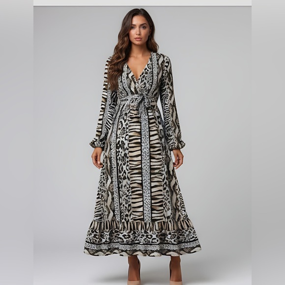 Animal Print Lantern Sleeve Tie Waist A-Line Dress - Picture 3 of 9